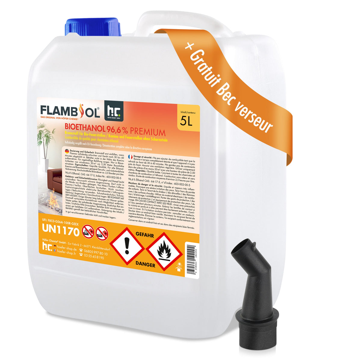Bidon de bioéthanol FLAMBIOL 96,6 % 5 L